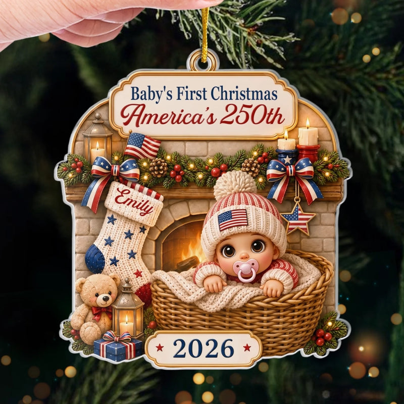 Custom First Christmas Acrylic Ornament - Personalized America 250th Anniversary Christmas Gifts For New Moms, New Dads, New Parents - Our First Holiday Memory