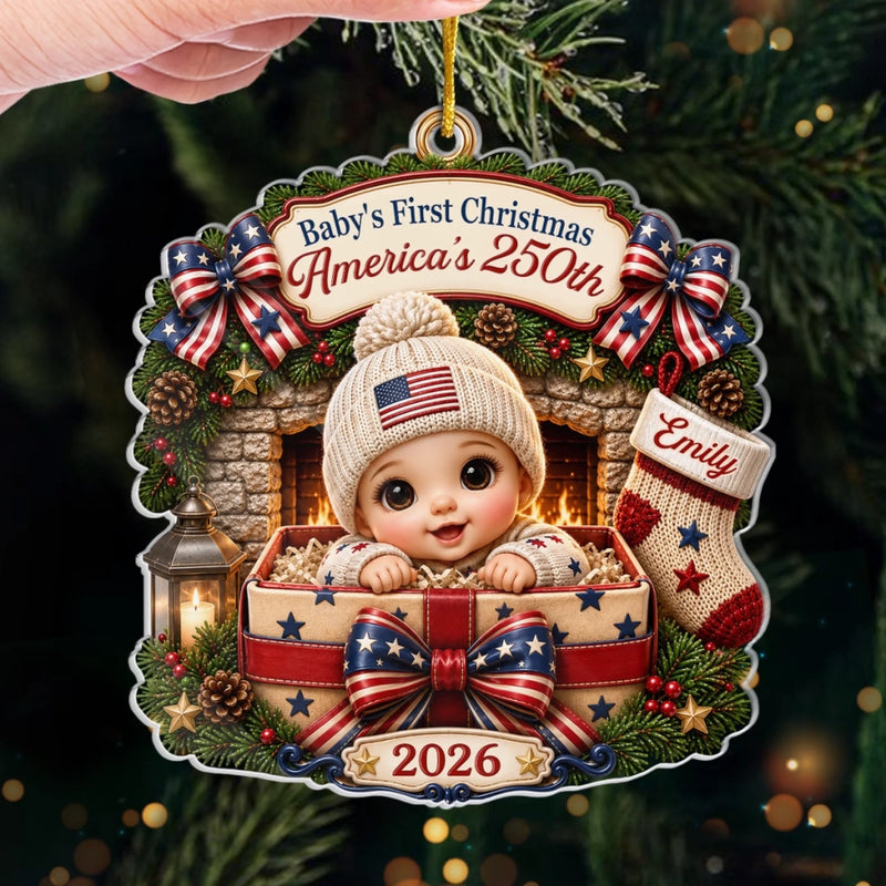 Custom First Christmas Acrylic Ornament - Personalized America 250th Anniversary Christmas Gifts For New Moms, New Dads, New Parents - A New Star Is Born