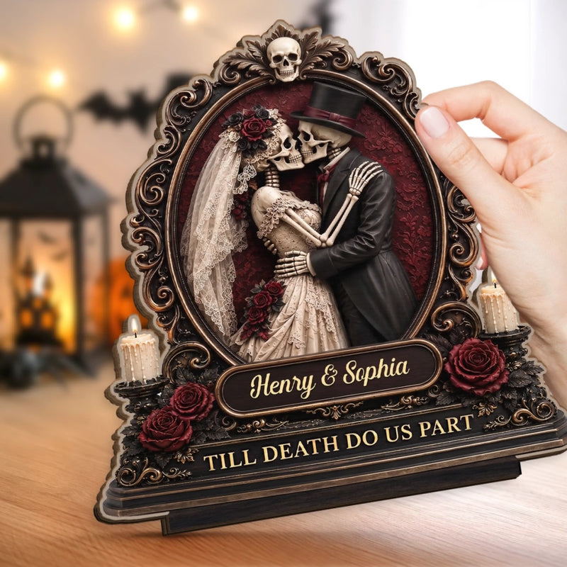 Custom Skeleton 2-Layered Wooden Plaque - Personalized Halloween Decor, Anniversary Wedding Gifts For Husband And Wife, Him And Her - Gothic Romance Written In Bones