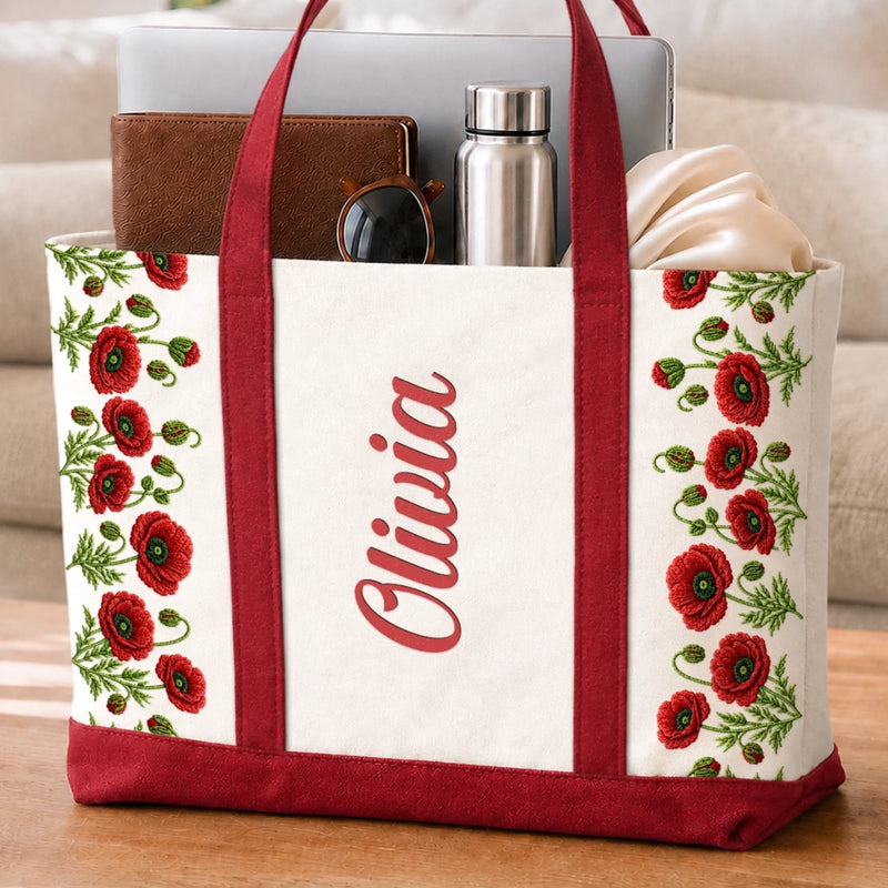 Custom Canvas Tote Bag - Personalized Birthday Gifts For Wife, Daughter, Besties, Sisters, Granddaughter, Grandma, Mom, Yourself - Blooms And Butterflies In Hands
