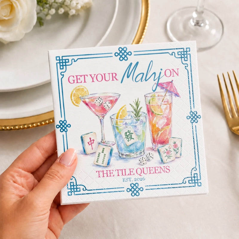 Custom Mahjong Cocktail Napkins - Personalized Birthday Gifts For Mahjong Players, Mom, Dad, Brother, Sister - Good Drinks And Lucky Tiles