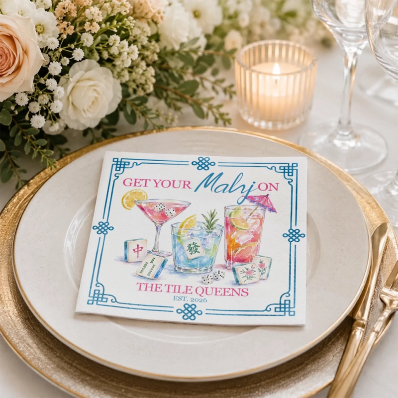 Custom Mahjong Cocktail Napkins - Personalized Birthday Gifts For Mahjong Players, Mom, Dad, Brother, Sister - Good Drinks And Lucky Tiles