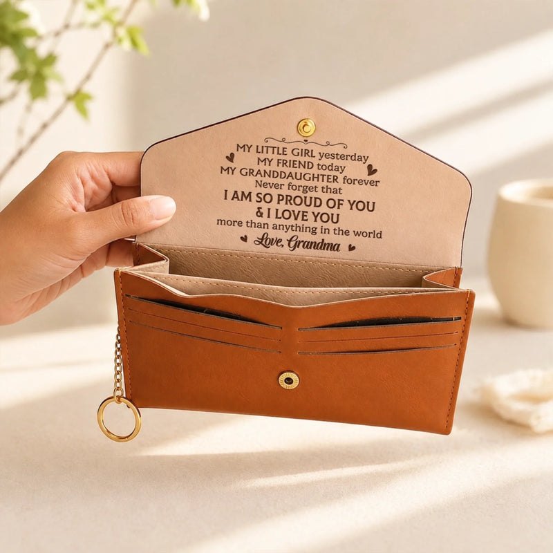 Custom Leather Envelope Wallet - Personalized Birthday Gifts For Daughter, Granddaughter - Watching You Bloom With Pride