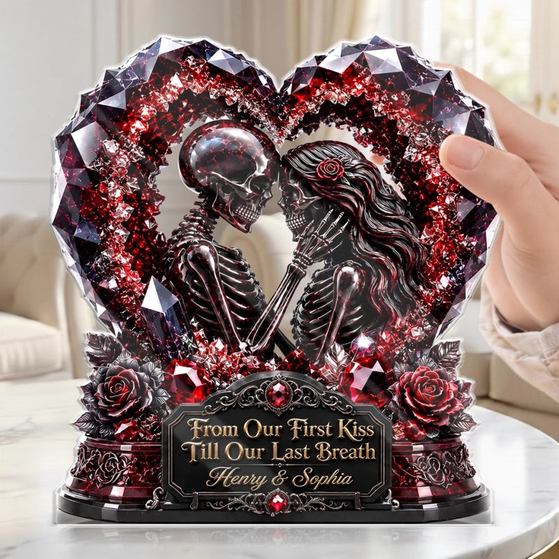 Custom Gothic Skeleton Acrylic Plaque - Personalized Halloween Decor, Anniversary Wedding Gifts For Husband And Wife, Him And Her - Our Love Story Never Dies