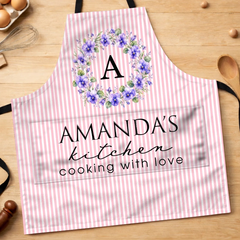 Custom Apron With Pocket - Personalized Birthday Gifts For Wife, Daughter, Besties, Sisters, Granddaughter, Grandma, Mom, Yourself - Flavors Cooked With Birth Flowers