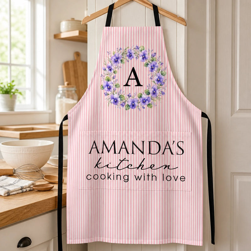 Custom Apron With Pocket - Personalized Birthday Gifts For Wife, Daughter, Besties, Sisters, Granddaughter, Grandma, Mom, Yourself - Flavors Cooked With Birth Flowers