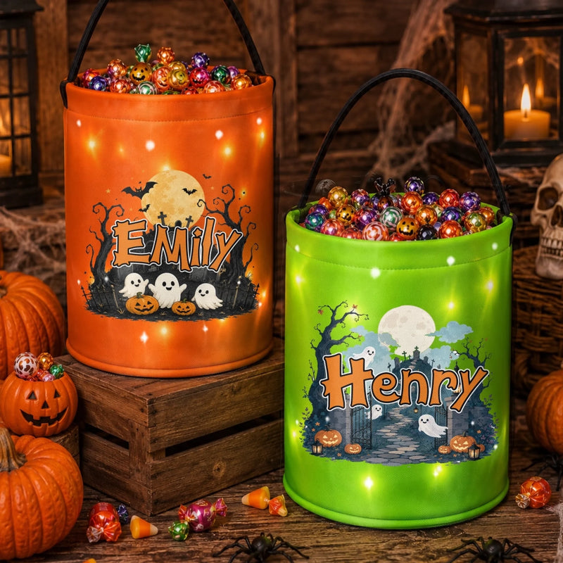 Custom LED Light Bucket Bag - Personalized Halloween  Birthday Gifts For Kids - Tiny Trickster