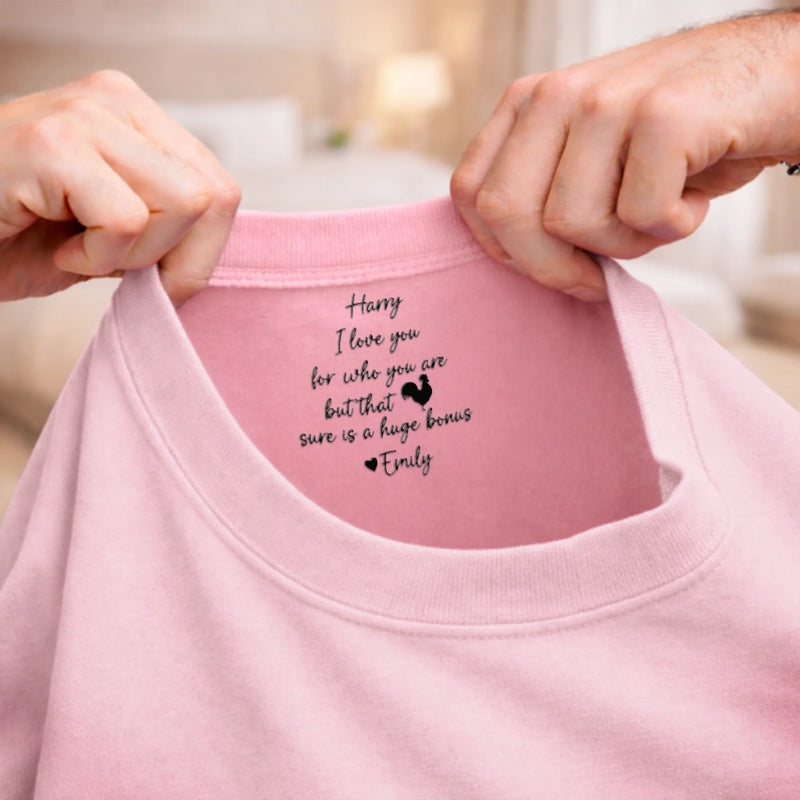Custom Inside Neck Print T-Shirt - Personalized Anniversary Wedding Gifts For Husband And Wife, Him And Her - Two Hearts One Home