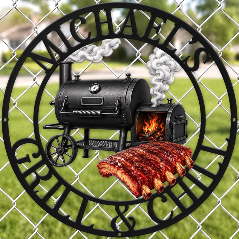 Custom BBQ Shaped Metal Sign - Personalized Grilling Gifts For BBQ Lovers, Husband, Son, Grandson, Brother, Grandpa, Dad, Yourself - Smoke Fire Good Times