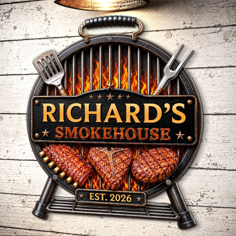 Custom BBQ Shaped Metal Sign - Personalized Grilling Gifts For BBQ Lovers, Husband, Son, Grandson, Brother, Grandpa, Dad, Yourself - Grill Chill Repeat
