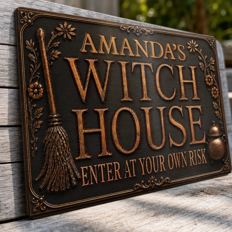 Custom Witchy Home Decor Metal Sign - Personalized Halloween Birthday Gifts For Witch, Wife, Daughter, Besties, Sisters, Granddaughter, Grandma, Mom, Yourself - Haunted Witch House