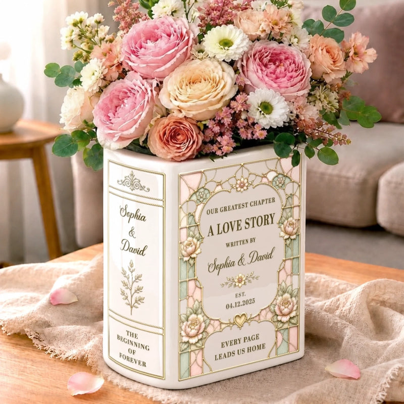Custom Book Vase - Personalized Anniversary Wedding Gifts For Husband And Wife, Him And Her - Eternal Love Story