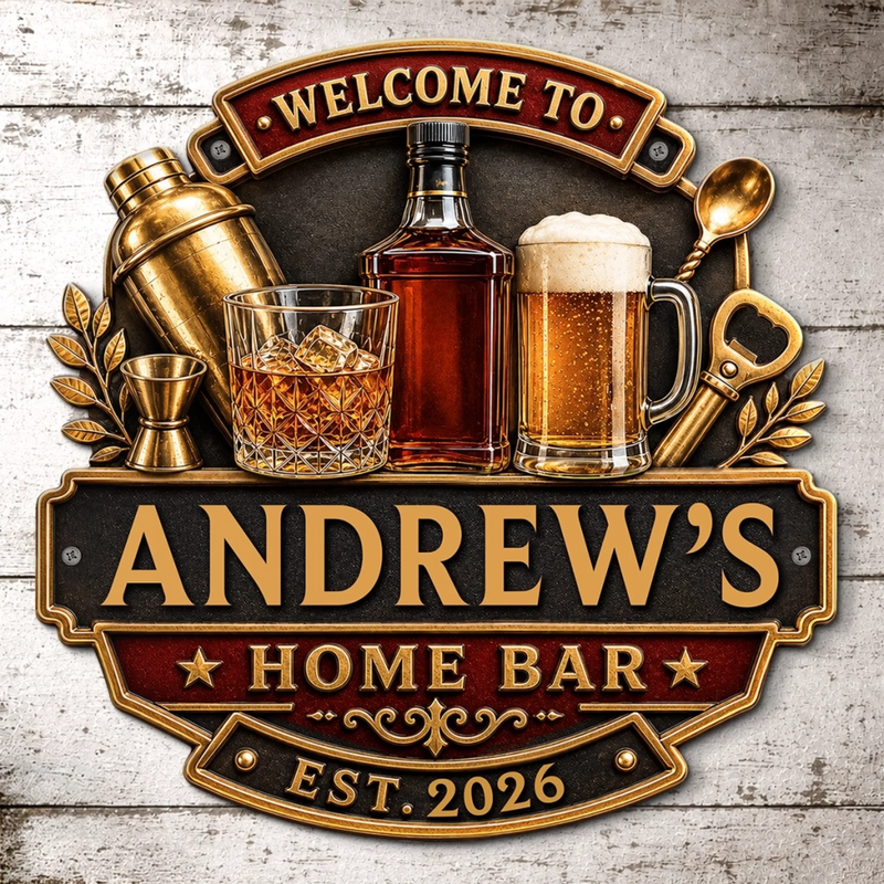 Custom Bar Shaped Metal Sign - Personalized Birthday Gifts For Husband, Son, Grandson, Brother, Grandpa, Dad, Yourself - Home Bar