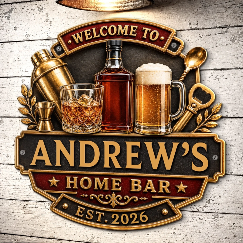 Custom Bar Shaped Metal Sign - Personalized Birthday Gifts For Husband, Son, Grandson, Brother, Grandpa, Dad, Yourself - Home Bar