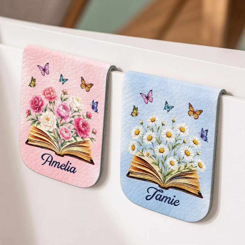 Custom Leather Magnetic Bookmark - Personalized Bookish Gifts For Book Lovers, Bookworms, Readers - Floral Bookish Bliss