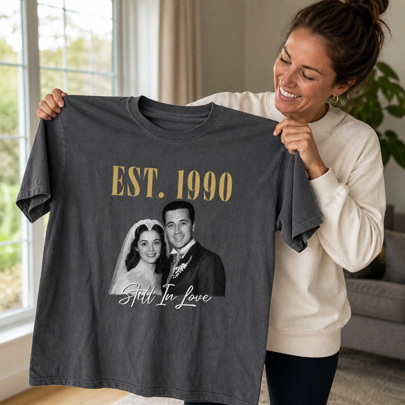 Custom Photo Comfort T-Shirt - Personalized Anniversary Wedding Gifts For Husband And Wife, Him And Her - Sweet Retro Romance