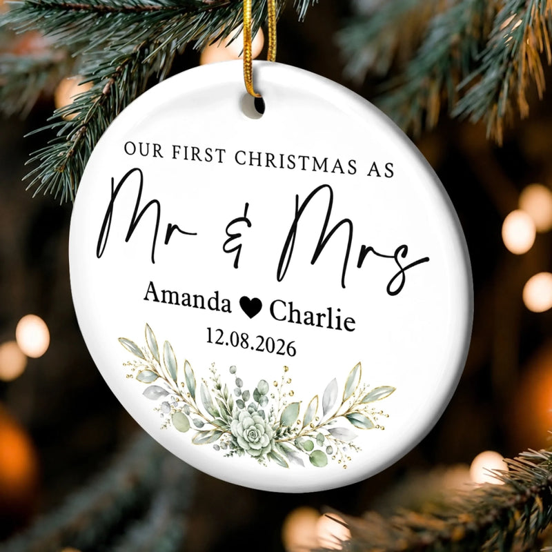 Custom Photo First Christmas Double-Sided Ceramic Ornament - Personalized Anniversary Christmas Wedding Gifts For Husband And Wife, Him And Her - Engaged, Married, Loved