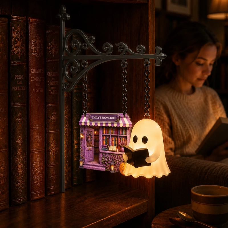 Custom Halloween Reading Ghost Shelf Decor - Personalized Bookish Gifts For Book Lovers, Bookworms, Readers - Lost In Cozy Spooky Stories