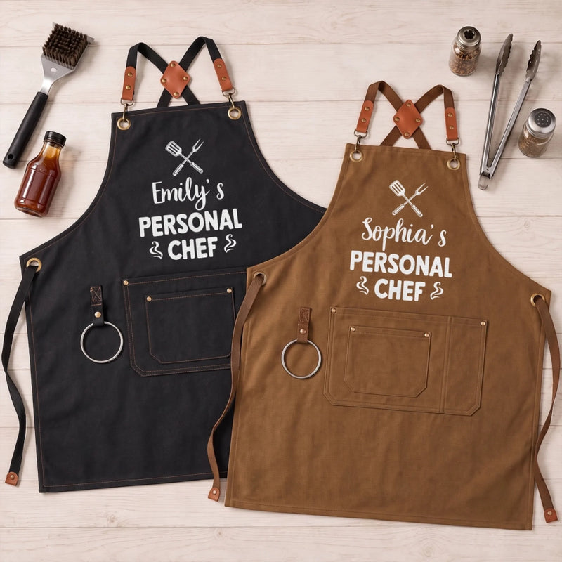Custom Canvas Apron - Personalized Birthday Gifts For Husband, Son, Grandson, Brother, Grandpa, Dad, Yourself - Powered By Smoke And Fire