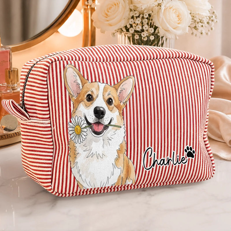 Custom Photo Seersucker Makeup Bag - Personalized Birthday Gifts For Dog Cat Lovers, Dog Dad And Mom, Cat Owners - My Favorite Little Companion