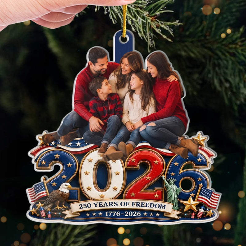 Custom Photo Acrylic Ornament - Personalized America 250th Anniversary Christmas Gifts For Mom, Dad, Brother, Sister - Land Of Free Loved Family
