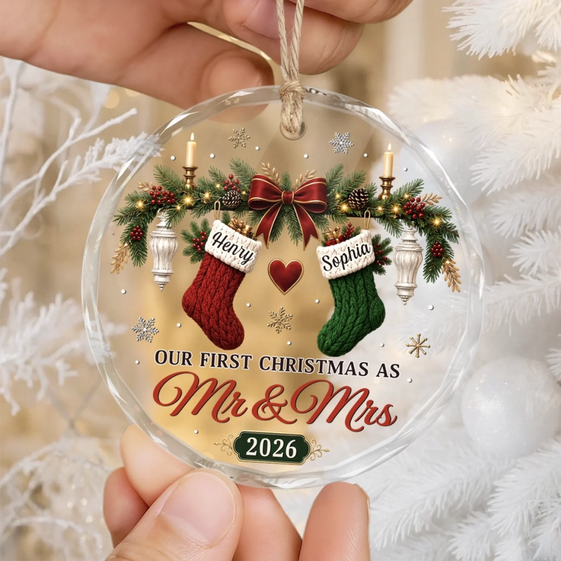 Custom First Christmas Circle Glass Ornament - Personalized Anniversary Christmas Wedding Gifts For Husband And Wife, Him And Her - Love Hanging On Tree