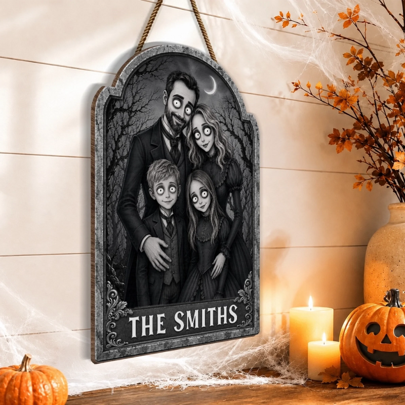 Custom Photo Wood Sign - Personalized Halloween Decor Birthday Gifts For Mom, Dad, Brother, Sister - Home Of The Creepy Family