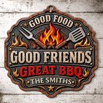 Custom BBQ Shaped Metal Sign - Personalized Grilling Gifts For BBQ Lovers, Husband, Dad - Good Food Good Friends