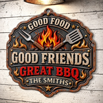 Custom BBQ Shaped Metal Sign - Personalized Grilling Gifts For BBQ Lovers, Husband, Dad - Good Food Good Friends