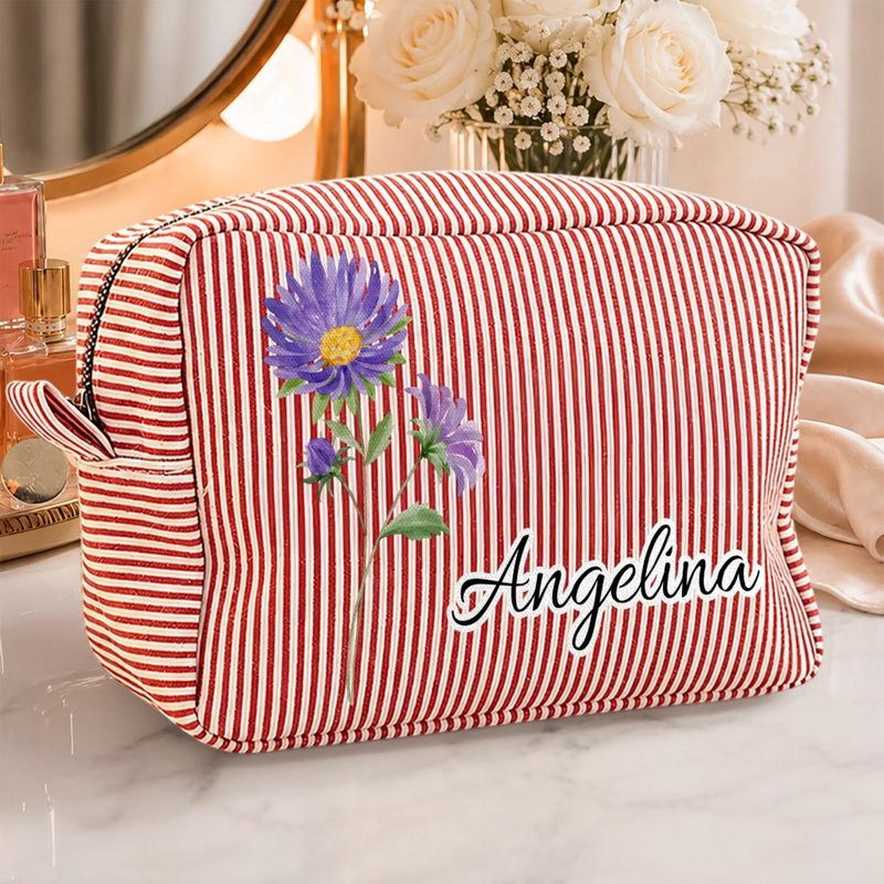Custom Seersucker Makeup Bag - Personalized Birthday Gifts For Wife, Daughter, Besties, Sisters, Granddaughter, Grandma, Mom, Yourself - Blooming In My Own Way