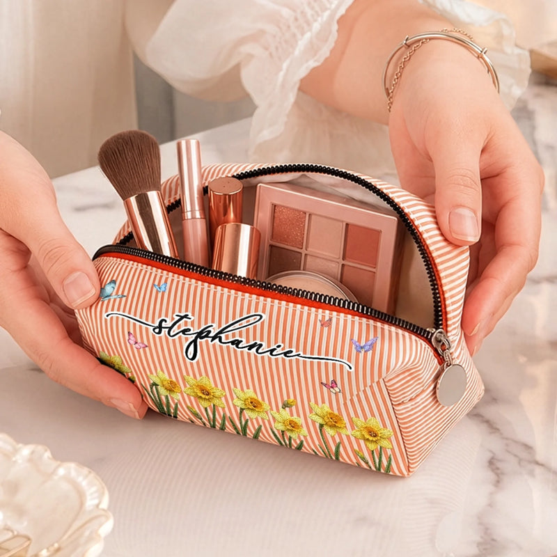 Custom Seersucker Makeup Bag - Personalized Birthday Gifts For Wife, Daughter, Besties, Sisters, Granddaughter, Grandma, Mom, Yourself - Wildflowers In My Heart