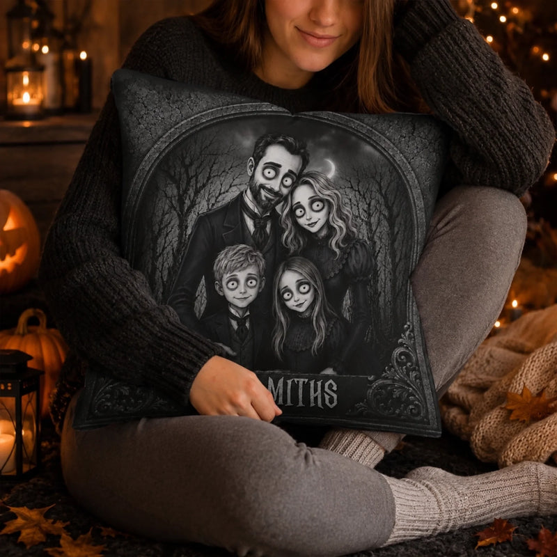 Custom Photo Pillow - Personalized Halloween Birthday Gifts For Mom, Dad, Brother, Sister - Love Runs In Our Creepy Family