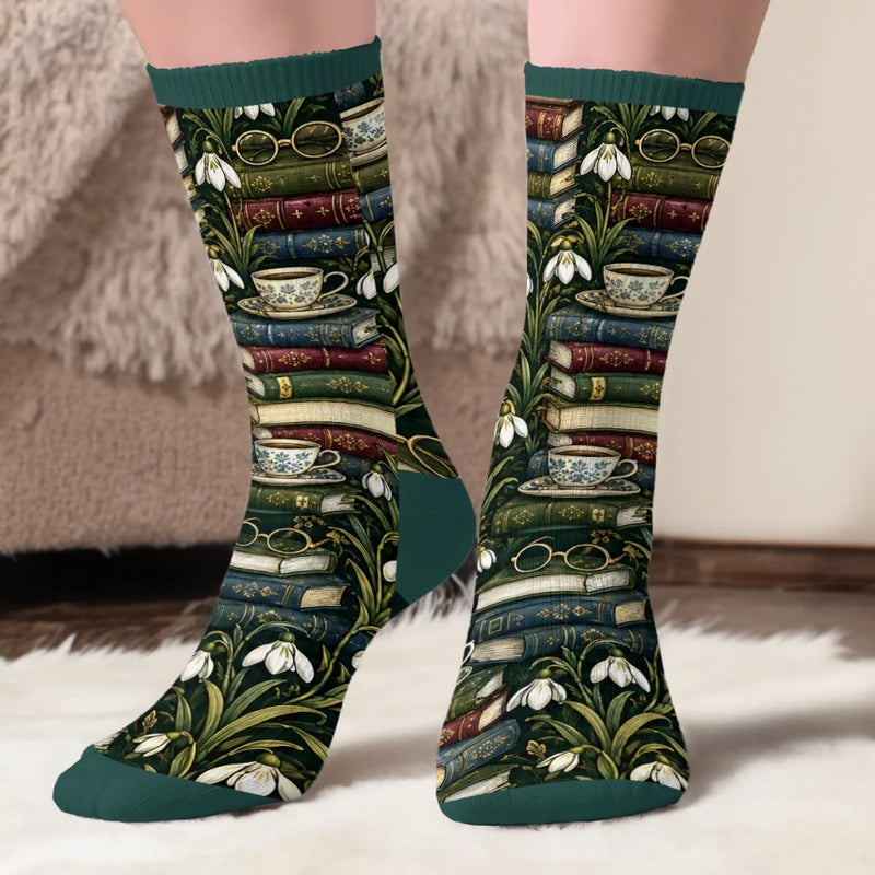 Custom Photo Crew Socks - Personalized Bookish Gifts For Book Lovers, Bookworms, Readers - Book Lover Floral Bliss