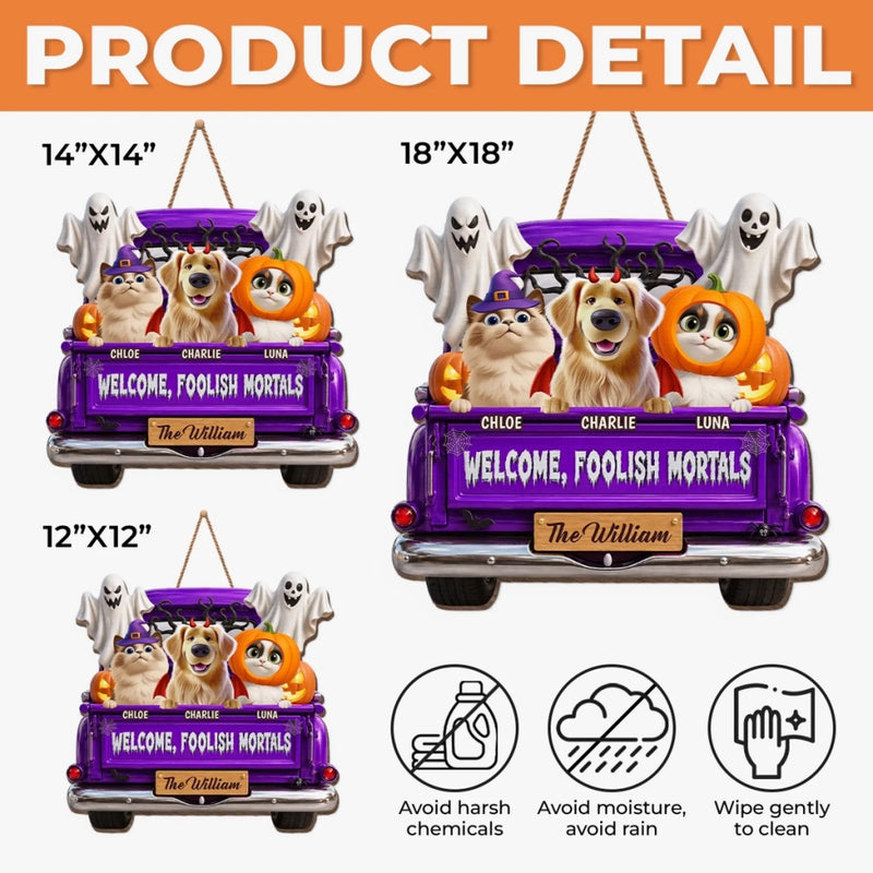 Custom Wood Sign - Personalized Halloween Decor Birthday Gifts For Dog Cat Lovers, Dog Dad And Mom, Cat Owners - Haunted By Our Happy Pack