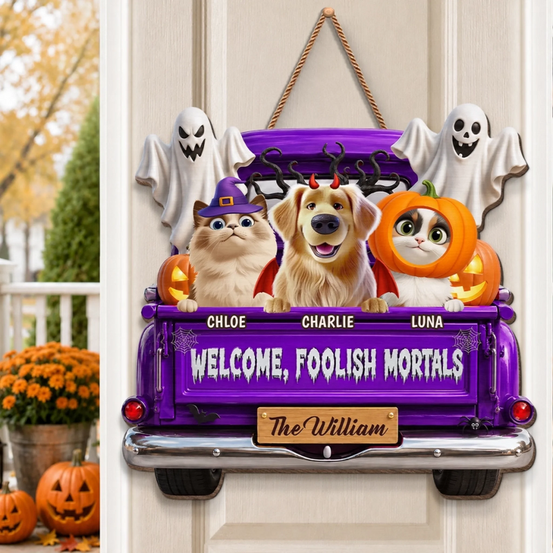 Custom Wood Sign - Personalized Halloween Decor Birthday Gifts For Dog Cat Lovers, Dog Dad And Mom, Cat Owners - Haunted By Our Happy Pack