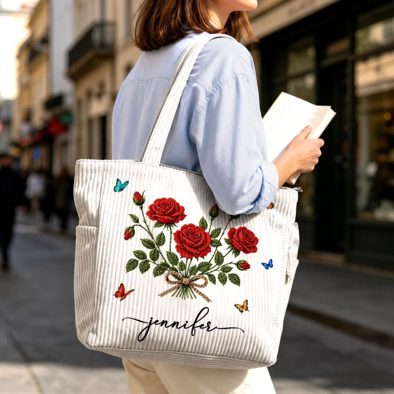 Custom Corduroy Tote Bag - Personalized Birthday Gifts For Wife, Daughter, Besties, Sisters, Granddaughter, Grandma, Mom, Yourself - Blooms On Corduroy