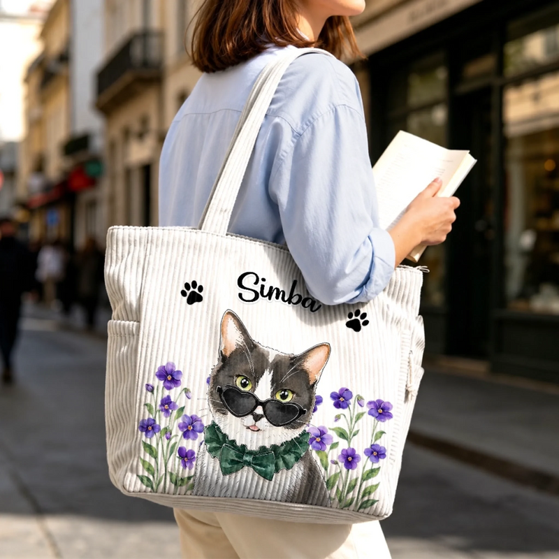 Custom Photo Corduroy Tote Bag - Personalized Birthday Gifts For Dog Cat Lovers, Dog Dad And Mom, Cat Owners - My Garden Of Little Joys
