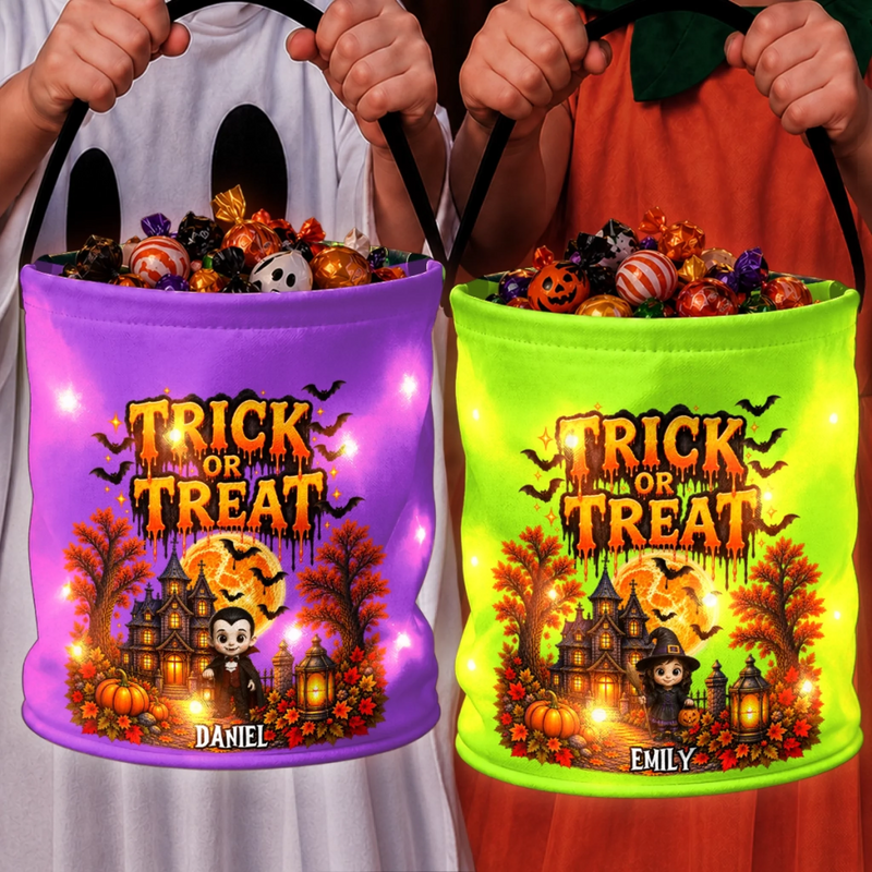 Custom LED Light Bucket Bag - Personalized Halloween Birthday Gifts For Kids - Trick Or Treat, Little Spooky