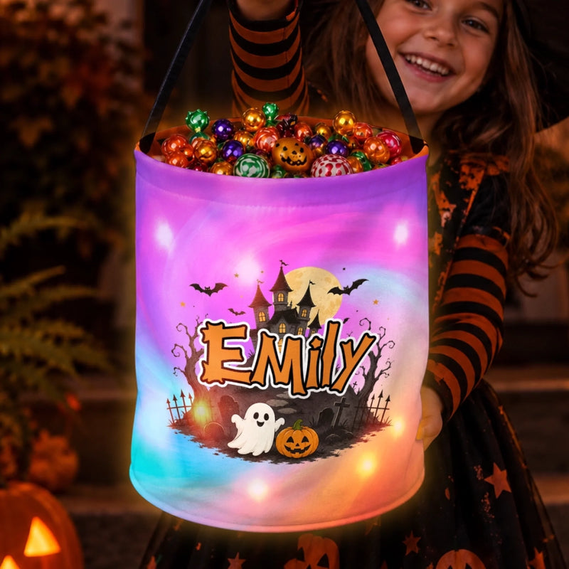 Custom Name Haunted House Boo Halloween Gifts for Kids - Personalized LED Light Bucket Bag
