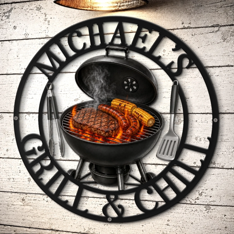 Custom BBQ Shaped Metal Sign - Personalized Grilling Gifts For BBQ Lovers, Husband, Son, Grandson, Brother, Grandpa, Dad, Yourself - Chill Vibes And Hot Grill Fires