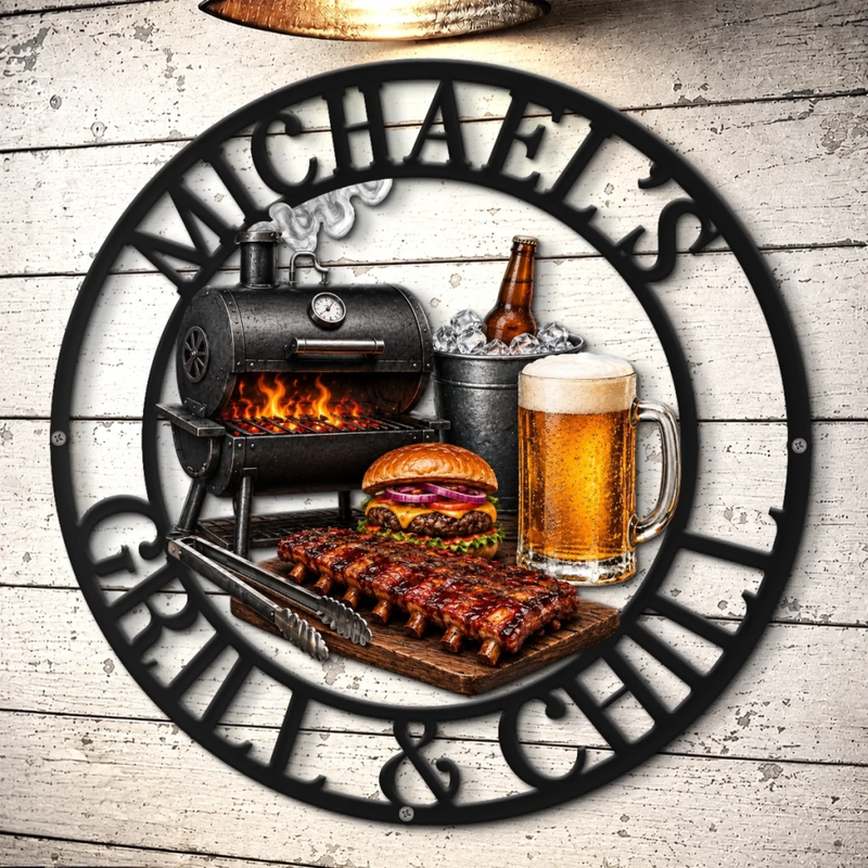 Custom BBQ Shaped Metal Sign - Personalized Grilling Gifts For BBQ Lovers, Husband, Son, Grandson, Brother, Grandpa, Dad, Yourself - Hot Smoke And Ice Cold Drinks