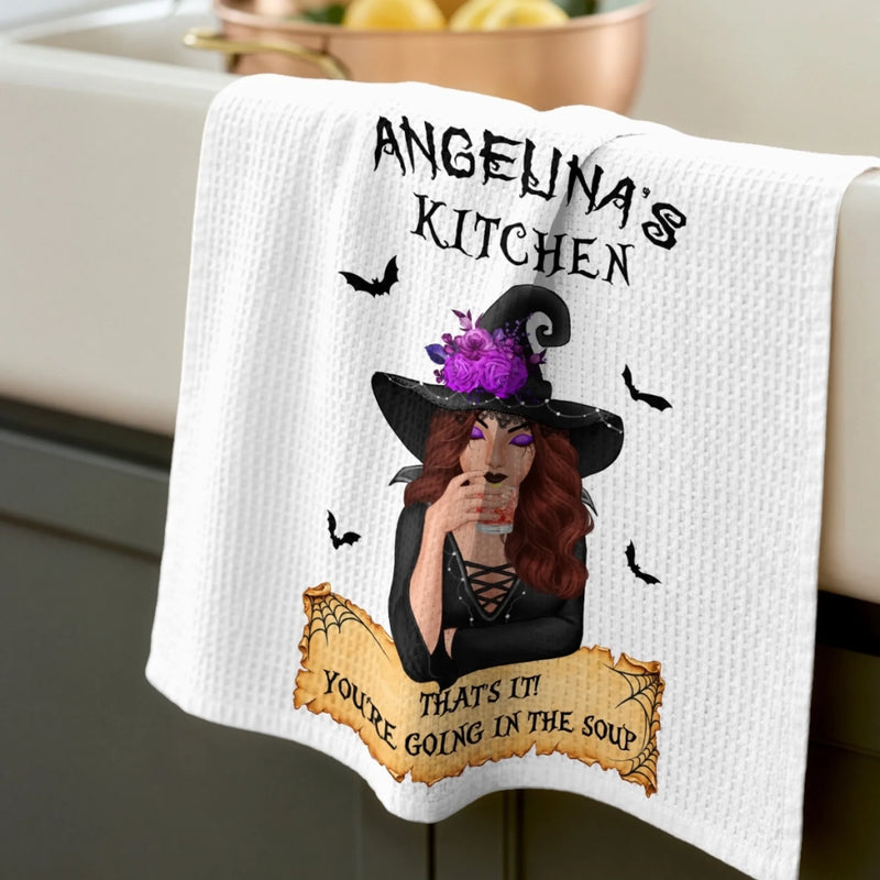 Custom Witchy Kitchen Towel - Personalized Halloween Birthday Gifts For Witch, Wife, Daughter, Besties, Sisters, Granddaughter, Grandma, Mom, Yourself - Into The Soup, Darling