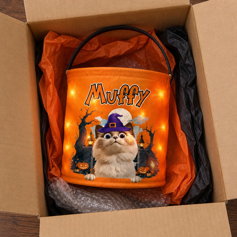 Custom LED Light Bucket Bag - Personalized Halloween Birthday Gifts For Dog Cat Lovers, Dog Dad And Mom, Cat Owners - Trick Or Treat, Paws