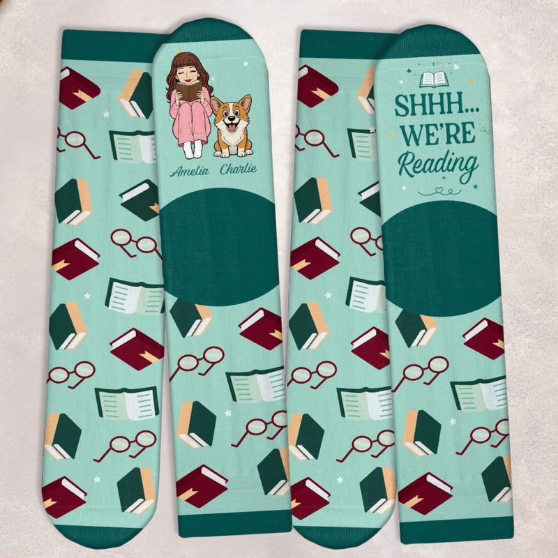 Custom Shh I'm Reading Crew Socks - Personalized Bookish Gifts For Book Lovers, Bookworms, Dog Cat Lovers, Dog Mom, Cat Owners - Furry Friends Make Life Better