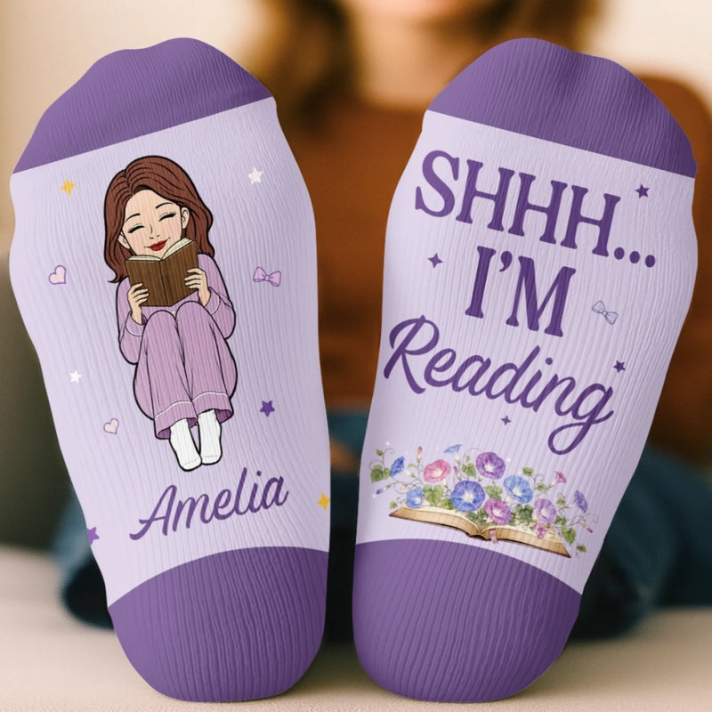 Custom Shh I'm Reading Crew Socks - Personalized Bookish Gifts For Book Lovers, Bookworms, Readers - Easily Distracted By Books