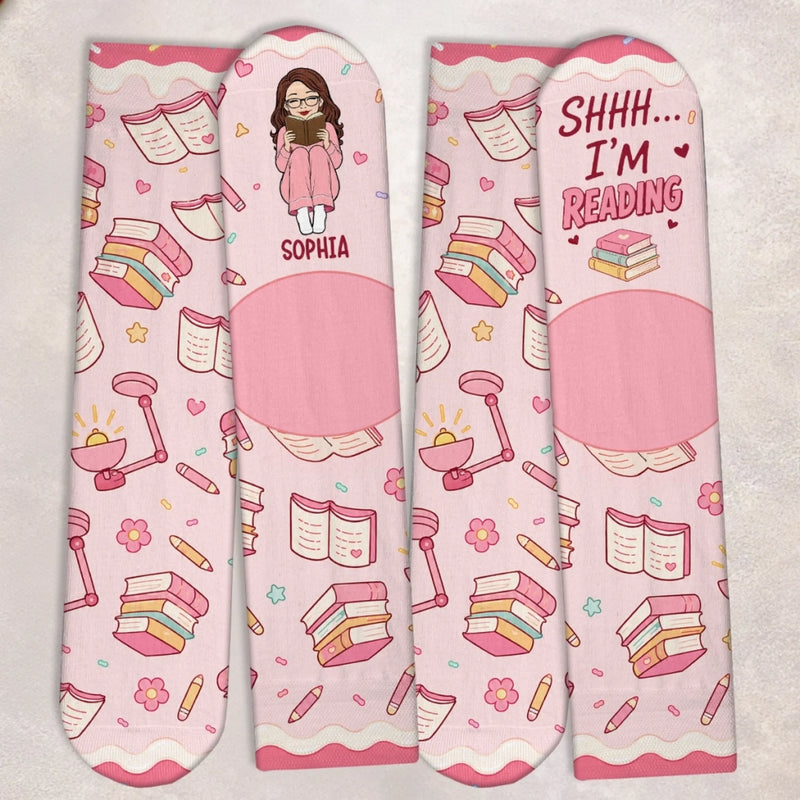 Custom Shh I'm Reading Crew Socks - Personalized Bookish Gifts For Book Lovers, Bookworms, Readers - Stay Bookish