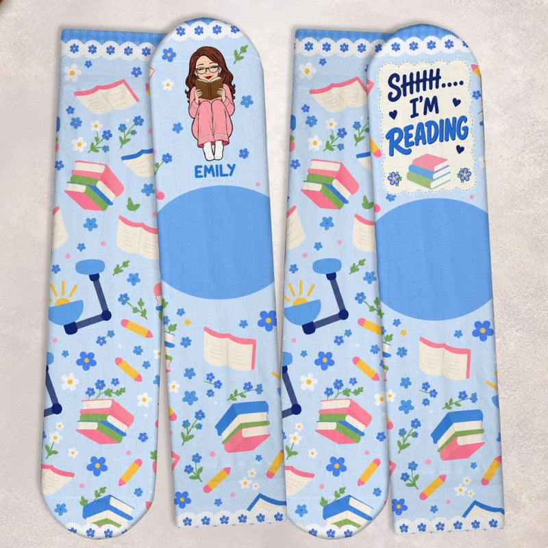 Custom Shh I'm Reading Crew Socks - Personalized Bookish Gifts For Book Lovers, Bookworms, Readers - Quietly Obsessed With Books