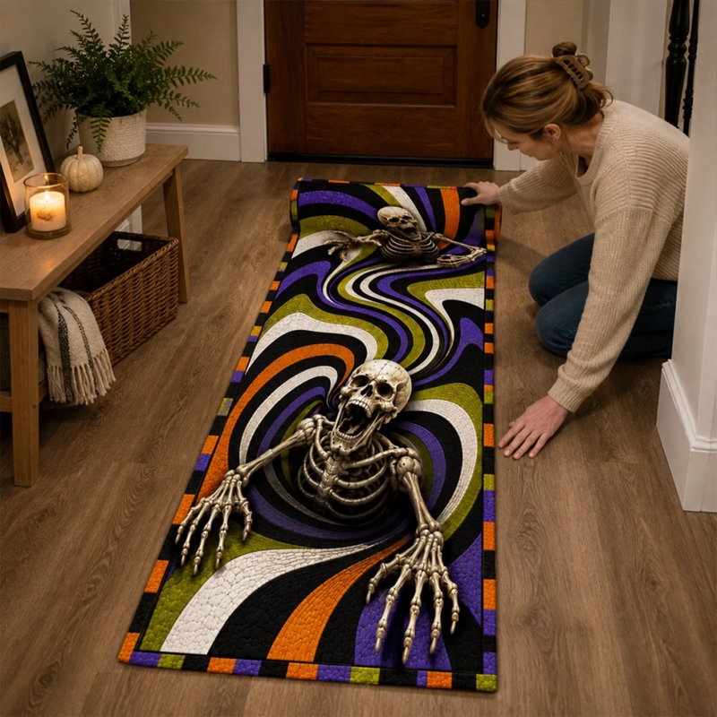3D Skeleton Vortex Runner Rug - Halloween Decor Gifts For Mom, Dad, Brother, Sister - Fright Night Begins