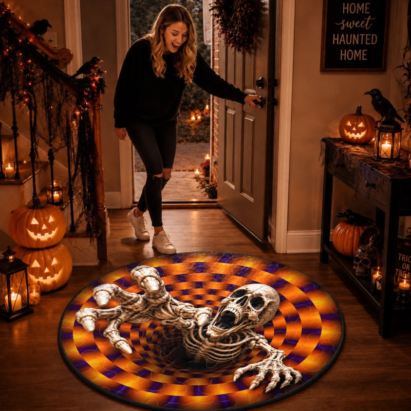 Custom 3D Skeleton Vortex Quilted Round Mat - Personalized Halloween Decor Birthday Gifts For Mom, Dad, Brother, Sister - Chills Thrills And Good Times