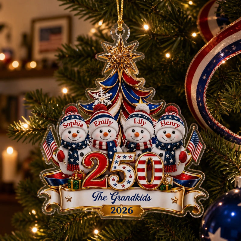 Custom Snowman Acrylic Ornament - Personalized America 250th Anniversary Christmas Gifts For Mom, Grandma, Dad, Grandpa - United In Love Proud In Spirit